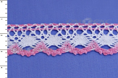 Тесьма плетеная кружевная "ЛЕН" 25мм/розовый-белый - купить в Йошкар-Оле. Цена: 26.41 руб.